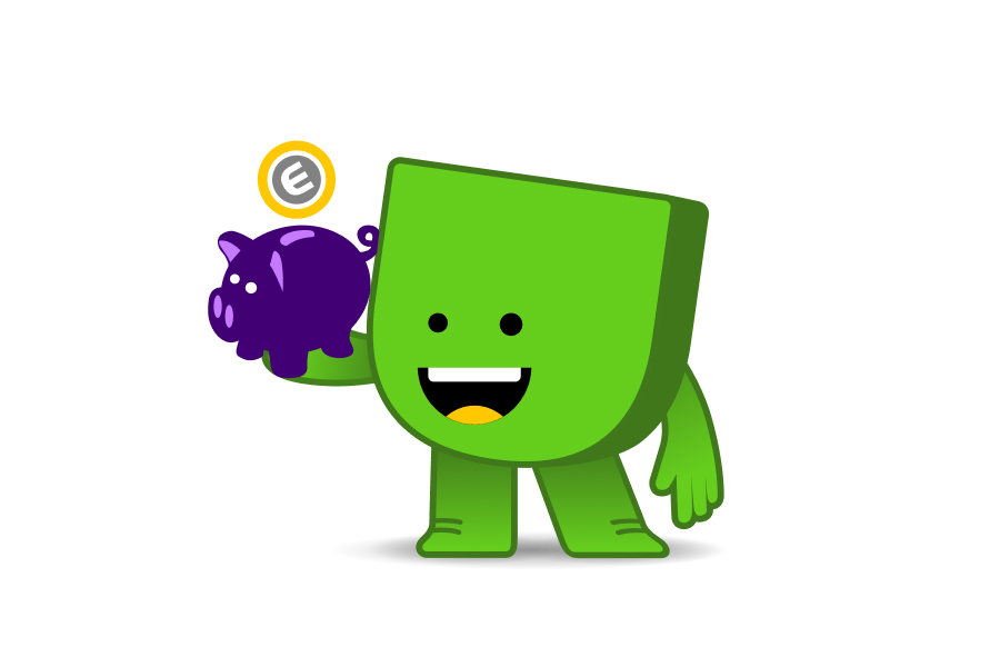 Een groen getekend poppetje houdt een spaarvarken vast