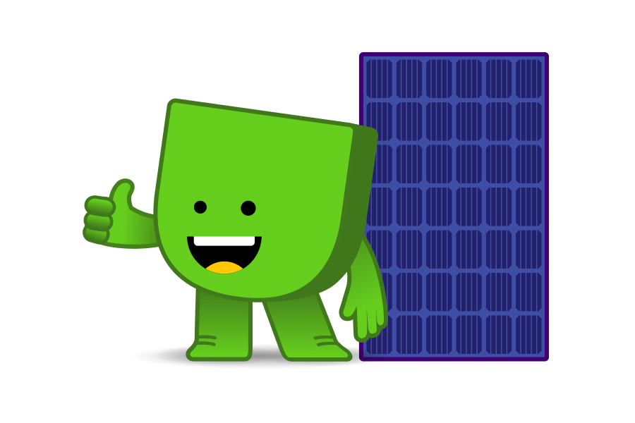 Energiedirect mascotte Edje staat voor een zonnepaneel en steekt zijn duim op.