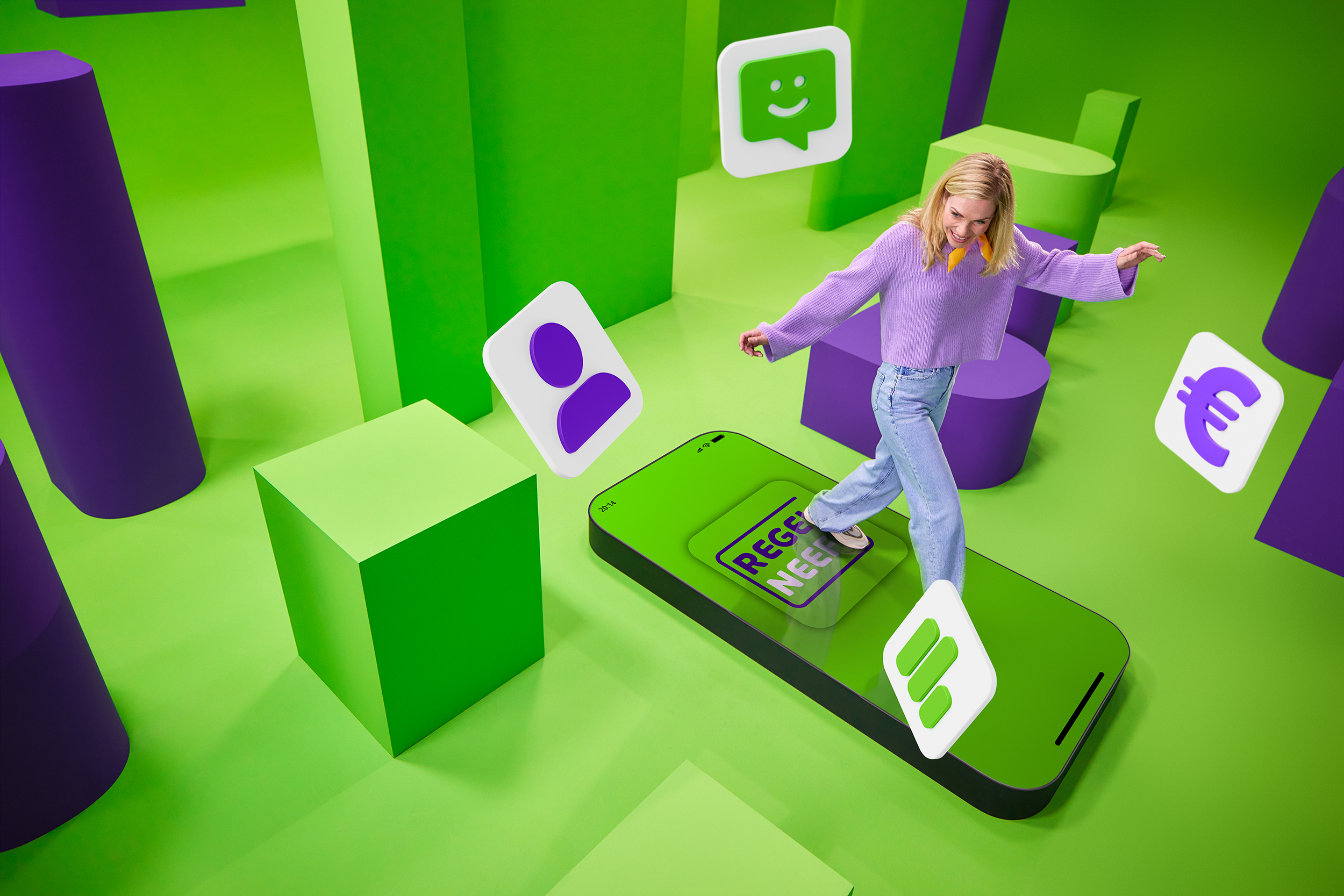 Vrouw loopt op een telefoon met iconen in een groene omgeving.