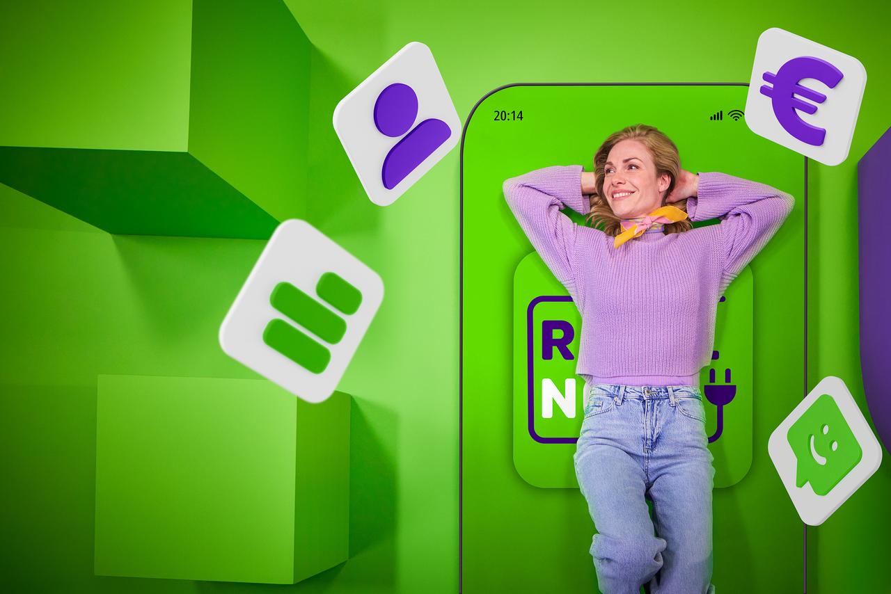 Vrouw ligt op groot icoon van de Regelneef app en kijkt naar verschillende iconen die in de lucht zweven.