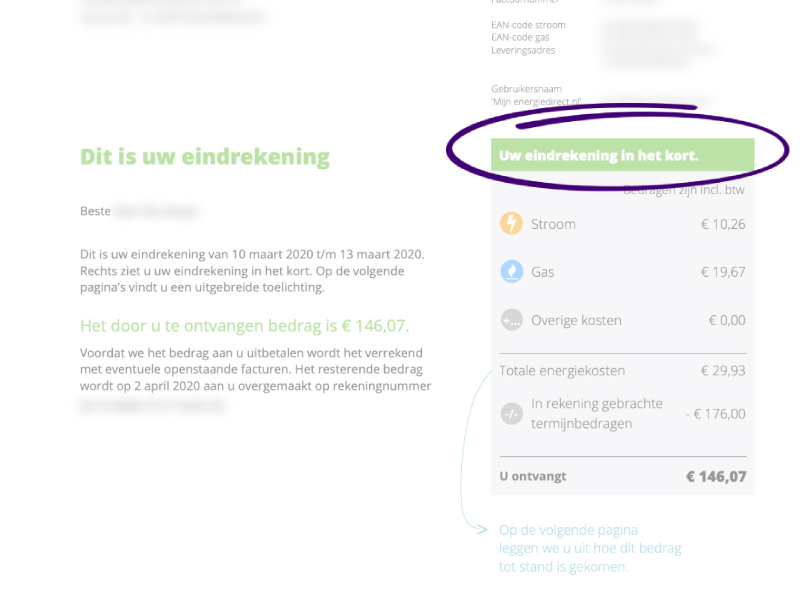 Eerste pagina van een eindrekening met een samenvatting van de kosten