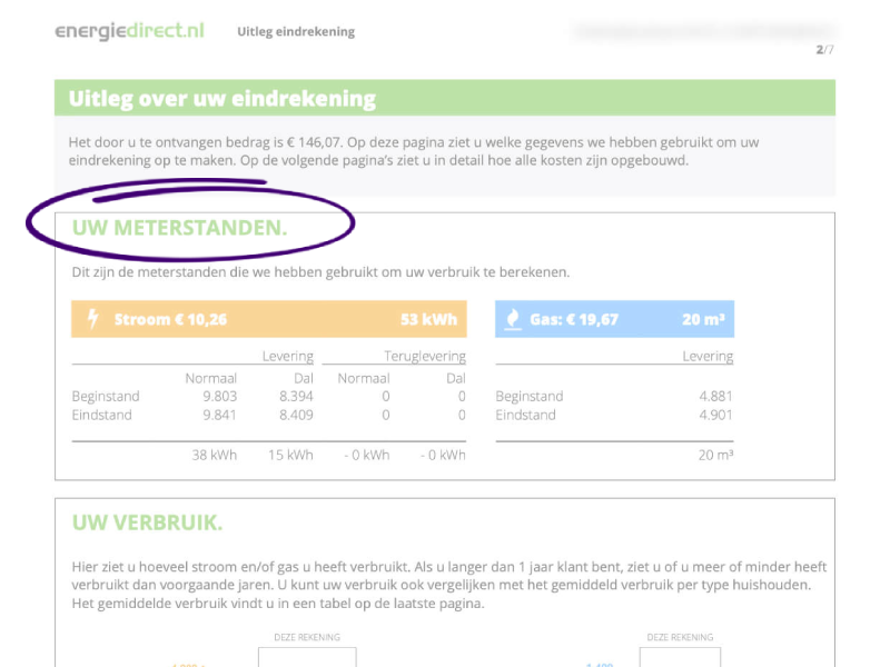 Tweede pagina van een eindrekening met een overzicht van de meterstanden