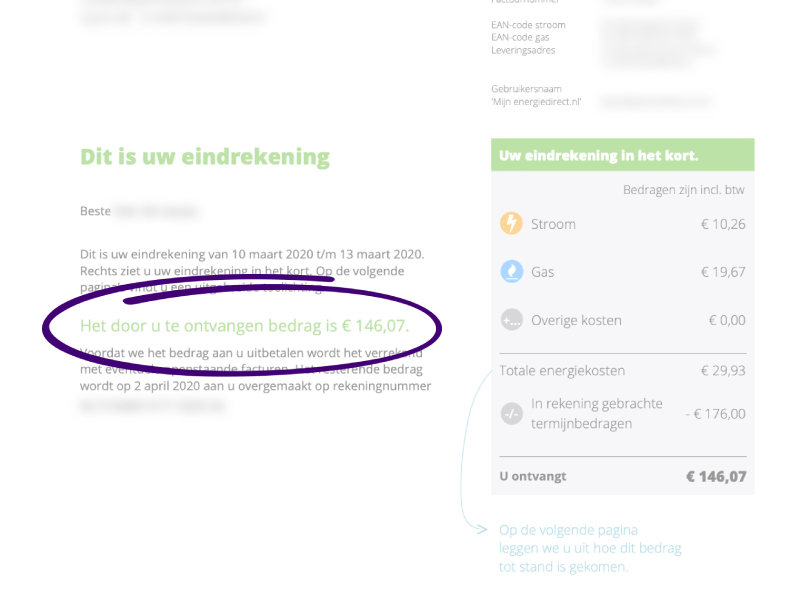 Eerste pagina van een eindrekening met het te betalen of terug te ontvangen bedrag