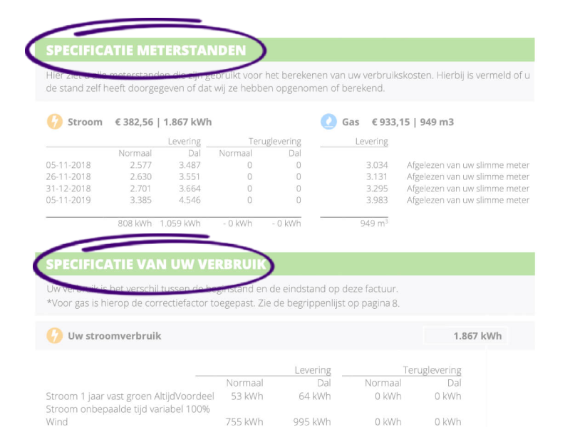 Pagina van een eindrekening met de specificaties van de meterstanden en het verbruik
