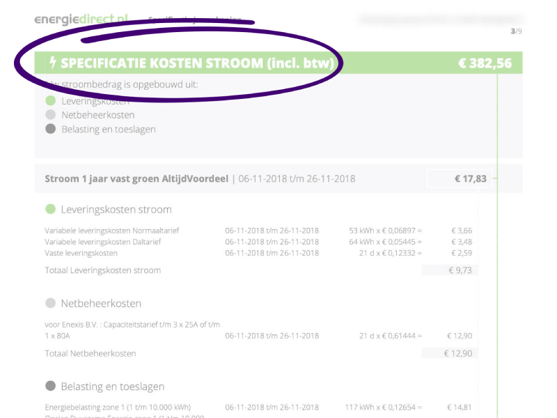 Pagina van een jaarrekening met de kosten van stroom